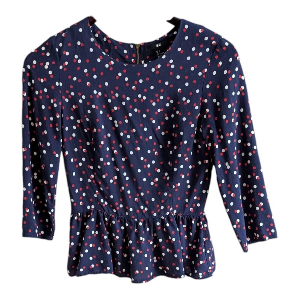 H&M Navy Blouse With Red & White Polka Dots 4